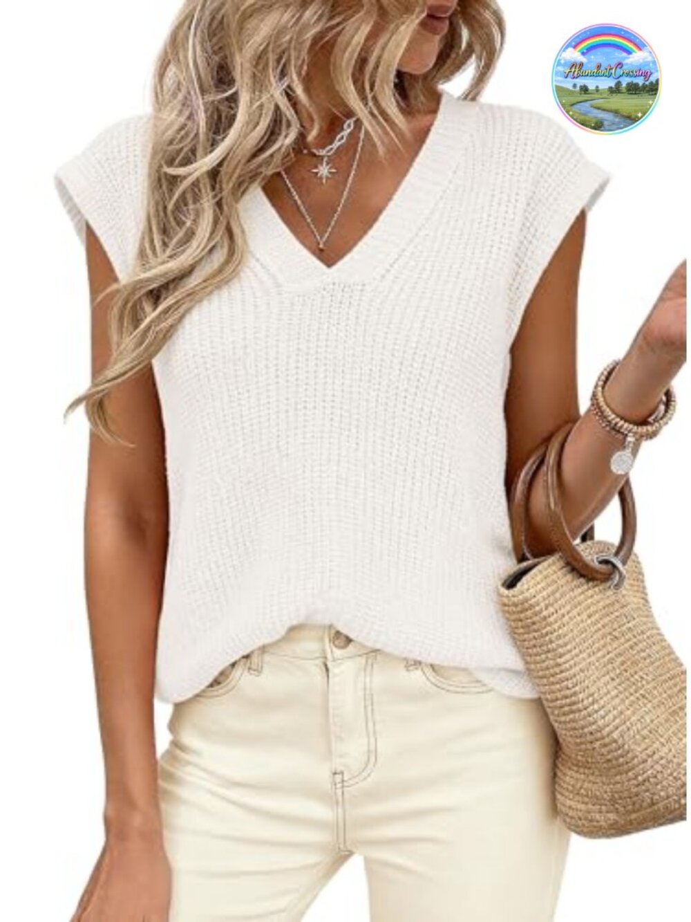 Women's Cap Sleeve Knit Sweater Vest V-Neck High Low Split Hem
